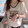 A large-sized cotton V-neck short-sleeved T-shirt for women, a new summer fashion in 2025. It's a top for slightly overweight girls to look slimmer and cover their bellies Specification image